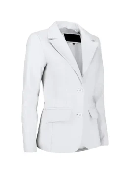 Angled view of white leather blazer with notch lapel, two buttons, and flap pockets.
