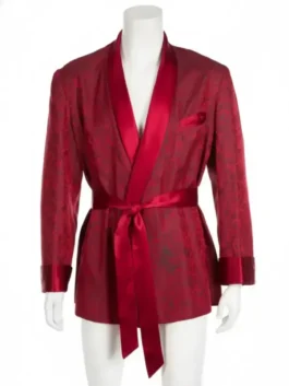 Hugh hefner costume for women - A red satin damask robe on a white mannequin, similar to the iconic hugh hefner outfit costume with a shawl collar. Perfect as an adult hugh hefner costume.