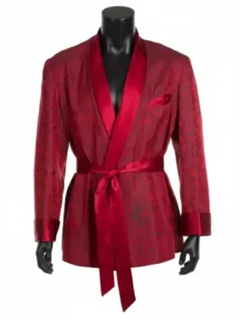 Hugh hefner outfit costume - A red damask smoking robe on a black mannequin, designed for a men hugh hefner costume. The hefner costume is complete with a satin sash.