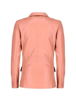 Back view of Pink Leather Blazer with long sleeves and fitted seams.