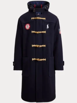 Close-up of the 2026 Winter Olympics Ralph Lauren Team USA coat in black, highlighting the insulated wool toggle coat with hood and official logo.