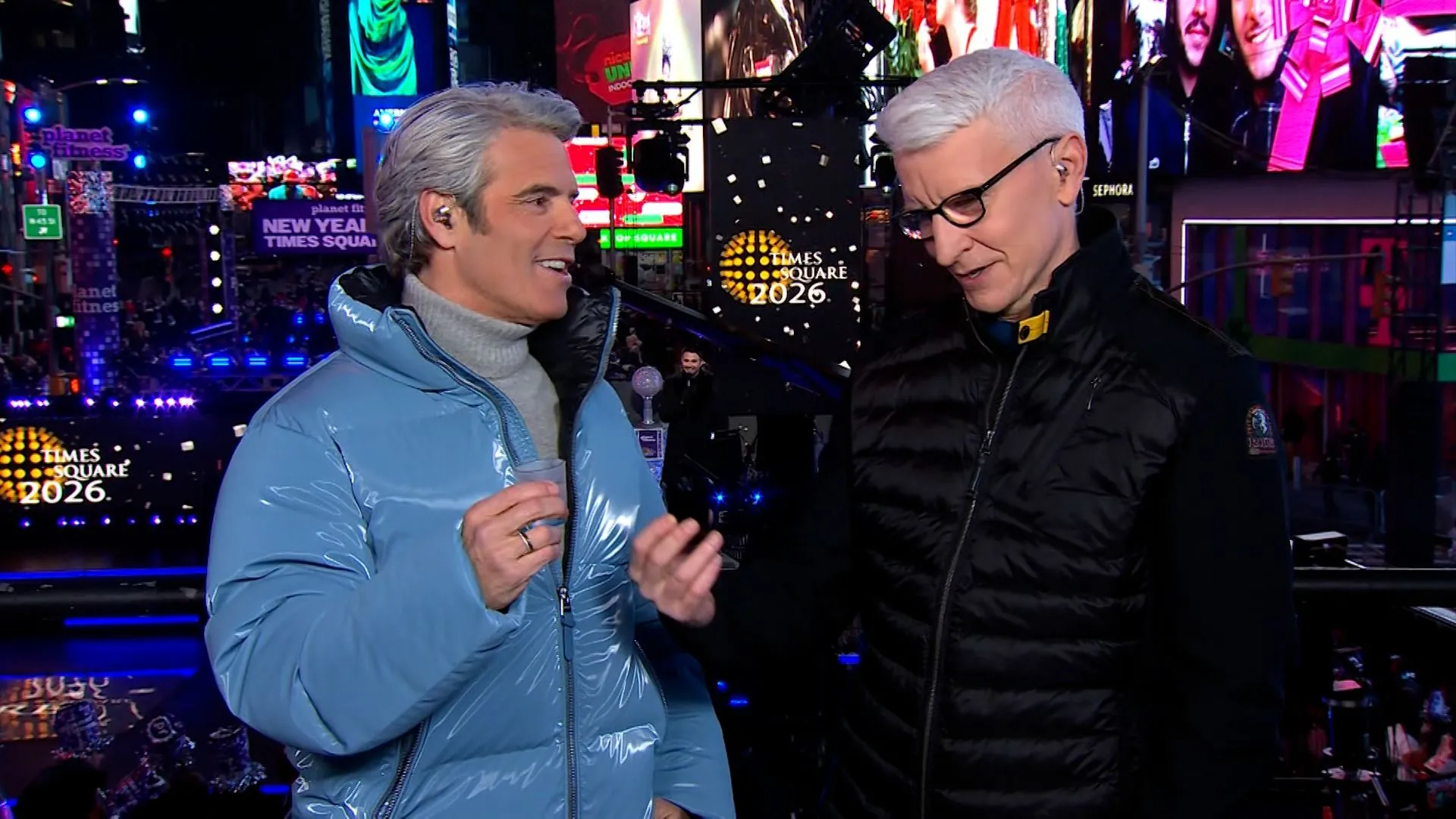 Andy Cohen New Year’s Eve 2026 Blue Puffer Jacket