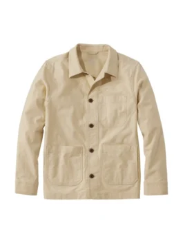 Front view of a beige lightweight cotton jacket for men featuring a button-down design and utility pockets, a stylish lightweight cotton jacket for men.