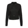 Front view of a classic black denim jean jacket featuring a button-down closure and chest pockets, a stylish black denim jacket for mens fashion.