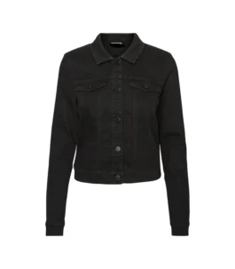 Front view of a classic black denim jean jacket featuring a button-down closure and chest pockets, a stylish black denim jacket for mens fashion.