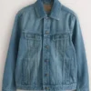 A classic blue denim jacket for men & women in a timeless jean jacket blue wash, featuring a button-down front and dual chest pockets for style.