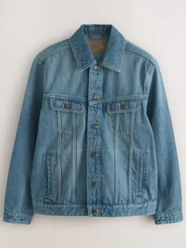 A classic blue denim jacket for men & women in a timeless jean jacket blue wash, featuring a button-down front and dual chest pockets for style.