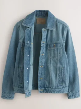 An open-style men blue denim jacket displayed against a white background, highlighting the inner lining and versatile blue jeans jacket layering.