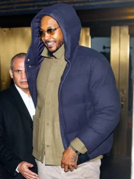 NYC Carmelo Anthony Puffer Hooded jacket in a side-profile view.