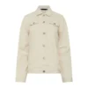 A stylish Women Cream Denim Jacket featuring a classic collar, button-down front, and chest pockets. This versatile Cream Denim Jacket is perfect for layering.