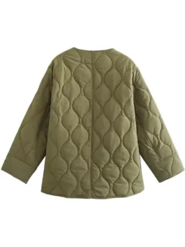 The back of this olive green quilted jacket womens style shows a seamless onion-stitch design with a comfortable crew neck and relaxed, oversized fit.