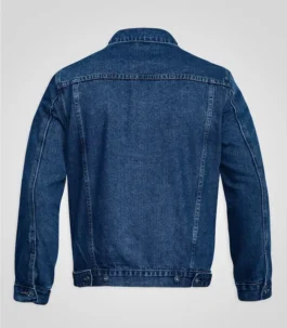 The back view of a Men Dark Blue Denim Jacket with a clean, structured fit, making it a versatile and cheap Dark Blue denim jacket for everyday wear.