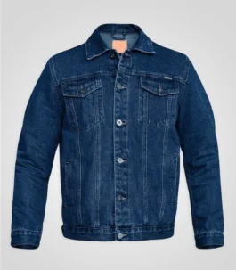 Front view of a classic Dark Blue Denim Jacket for Men & Women featuring a button-down closure and chest pockets in a premium dark blue denim style.