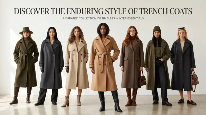 Seven women modeling neutral trench coats under a trench coats collection banner with editorial text.