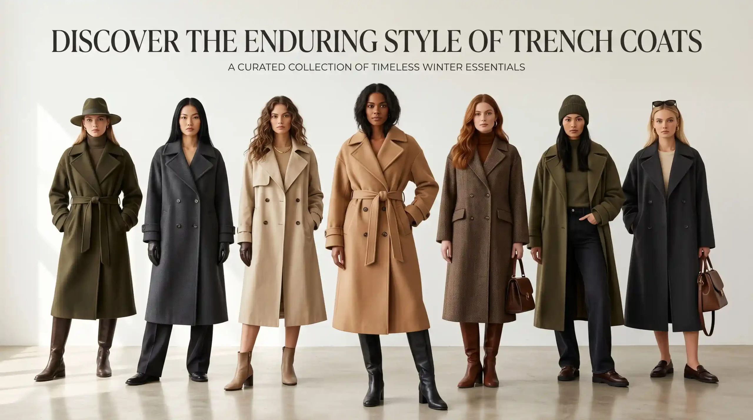 Seven women modeling neutral trench coats under a trench coats collection banner with editorial text.