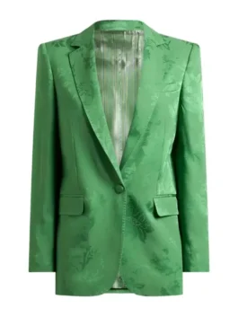 Close-up of the button closure on the Andreia Rodrigues jacquard floral blazer from America Jackets.