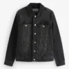 Front view of a buttoned men black denim jacket and women black denim jacket, a high-quality yet cheap black denim jacket for everyday wear.