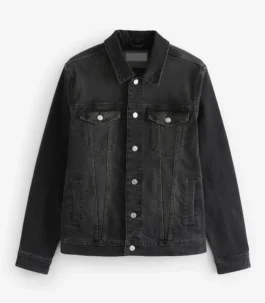 Front view of a buttoned men black denim jacket and women black denim jacket, a high-quality yet cheap black denim jacket for everyday wear.