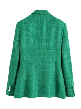 Back view of the Lara Spencer blue tweed blazer from America Jackets, showing the tailored fit and seams.