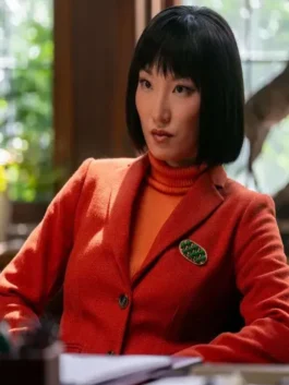 Helen Wang wearing a vibrant red blazer in His Hers 2026, styled by America Jackets.