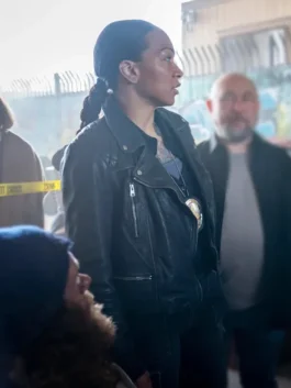 Kali Reis Mercy Leather Jacket featuring a rugged onyx finish and a premium tailored silhouette for a high-status cinematic look.