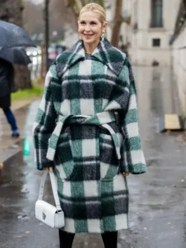 Detailed view of the Kelly Rutherford Paris Fashion Week 2026 wrap coat in beige from America Jackets.