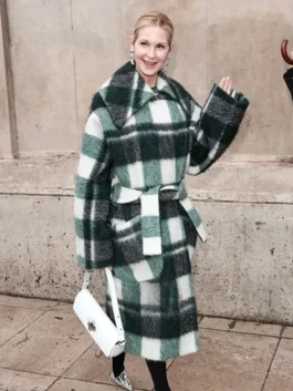 Kelly Rutherford in a stylish beige wrap coat at Paris Fashion Week 2026 from America Jackets.
