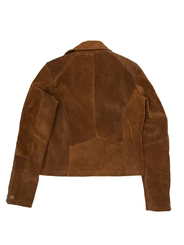 The back profile of a ladies tan biker jacket made from suede. This brown biker jacket shows detailed panel stitching and a flattering, tailored fit.