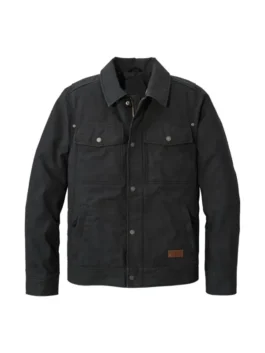 Front view of a Men's Beans Black Insulated Utility Jacket featuring a rugged canvas exterior, snap-front closure, chest pockets, and warm insulation.