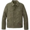 Front view of a Men's Beans Dark Loden Insulated Utility Jacket in olive green, featuring a rugged cotton shell, snap-closure pockets, and warm insulation.