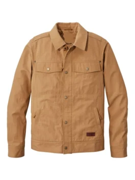 Front view of a men’s beans marsh brown utility jacket featuring a button-up closure, structured collar, and multiple pockets for a classic look.