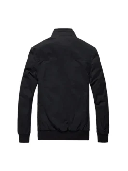 Back view of a Mens Casual Military Black Cotton Field Jacket featuring a sleek design, ribbed hem, and durable black cotton field jacket material.