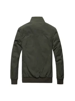 The back side of a Military Green Cotton Field Jacket showing a clean, sleek design with a ribbed hem and cuffs for a comfortable, casual fit.