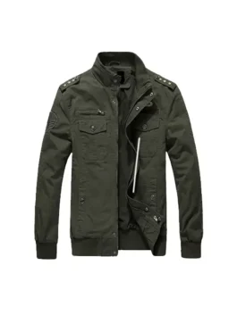 Front view of a Mens Casual Military Green Cotton Field Jacket featuring a stand collar, multiple utility pockets, and tactical shoulder epaulettes.
