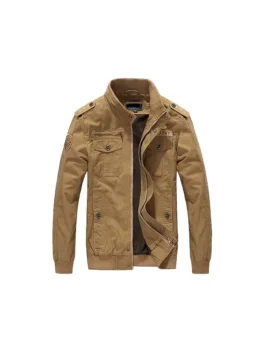 Front of a Military Khaki Cotton Field Jacket with multiple pockets, shoulder epaulets, and "ARMY" patch on a durable Khaki Cotton Field Jacket.