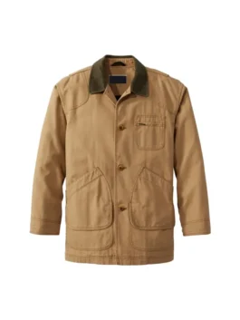Front view of a rugged Men's Cotton Brown Jacket featuring a contrasting olive corduroy collar, three-button closure, and multiple utility pockets.