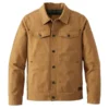 A rugged Mens Cotton Brown Trucker Jacket featuring a classic collar, button-down front, and dual chest pockets with a warm green plaid flannel lining.