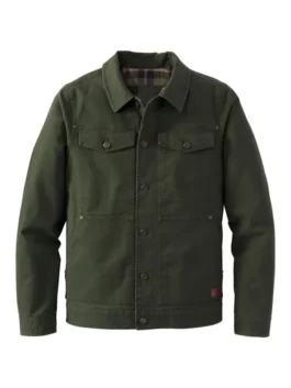 Front view of a durable Mens Cotton Green Trucker Jacket featuring a classic button-down design, chest pockets, and a warm plaid lining for a rugged look.
