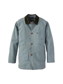 A men's cotton grey jacket featuring a dark green corduroy collar, front button closures, and functional utility pockets, perfect for rugged outdoor wear.