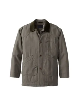 Here is the SEO-optimized alt text for the image provided, incorporating your specific keywords while maintaining a descriptive and concise format. Alt Text Front view of a Mens Olive Green Lined Jacket featuring a dark corduroy collar, durable Olive Green Cotton Jacket material, and multiple utility pockets.