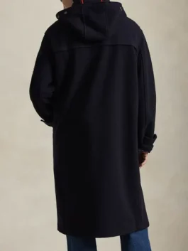 Back view of the Milano Cortina 2026 Ralph Lauren Team USA coat, a full length hooded wool coat designed for the Olympic parade and winter weather.