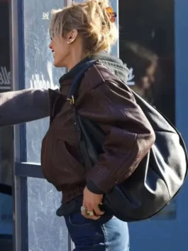 Front view of the NYC 2026 Bella Hadid brown leather jacket with buttons from America Jackets.