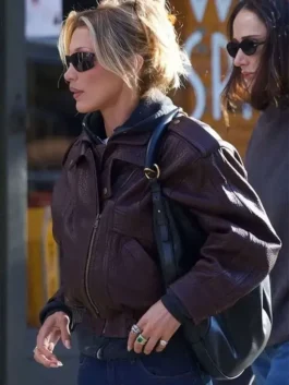 Side view of the NYC 2026 Bella Hadid brown leather jacket in chocolate brown at America Jackets.