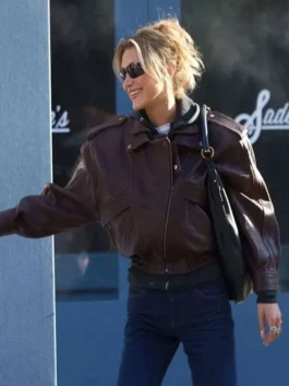 A full street-style look at the NYC 2026 Bella Hadid brown leather jacket from America Jackets.