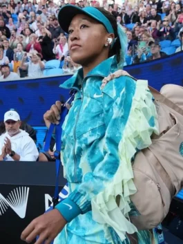 Side view of the Naomi Osaka 2026 Australian Open track jacket in blue and green by America Jackets.