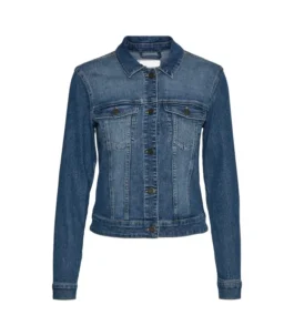 Front view of a classic navy blue denim jacket for men featuring a button-down closure, dual chest pockets, and a faded vintage wash finish.