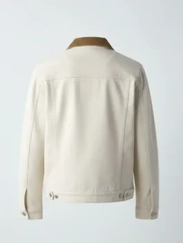 Back view of a high-quality Off White denim jacket with adjustable waist tabs and clean stitching, perfect for a modern jean jacket Off White denim style.