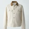 Front view of a premium Off White denim jacket for men & women featuring a brown corduroy collar, button closures, and classic Off White jeans jacket style.