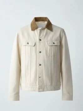 Front view of a premium Off White denim jacket for men & women featuring a brown corduroy collar, button closures, and classic Off White jeans jacket style.