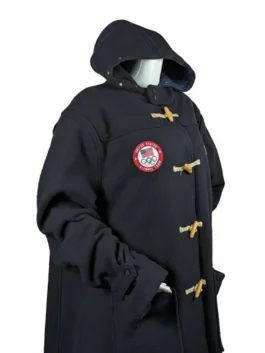 A full-length view of the Olympics 2026 Team USA Toggle Coat, showcasing its unisex tailored fit and long silhouette.
